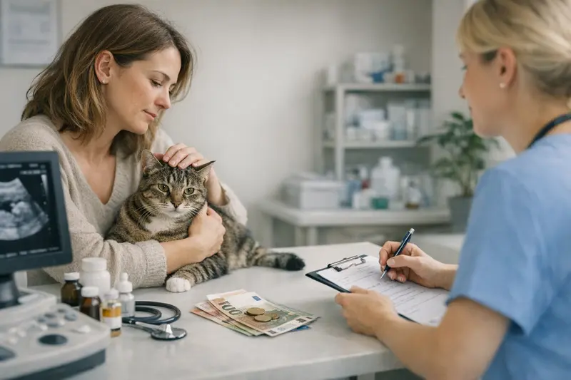 Tierarztuntersuchung einer Katze Eine Katze bei einem Tierarzt, die auf einer Untersuchungsliege sitzt und untersucht wird.