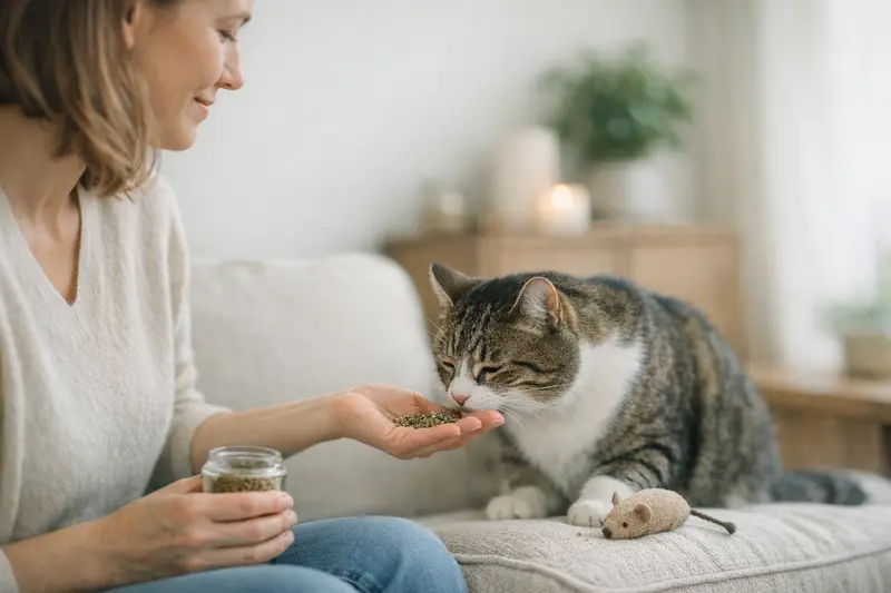 Katzenminze für Katzen richtig einsetzen Eine Katze untersucht eine frische Portion Katzenminze, um ihre Sinne anzuregen.