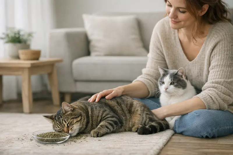 Katzenminze: Wirkung auf Katzen Eine entspannte Katze, die auf Katzenminze reagiert, zeigt individuelles Verhalten.