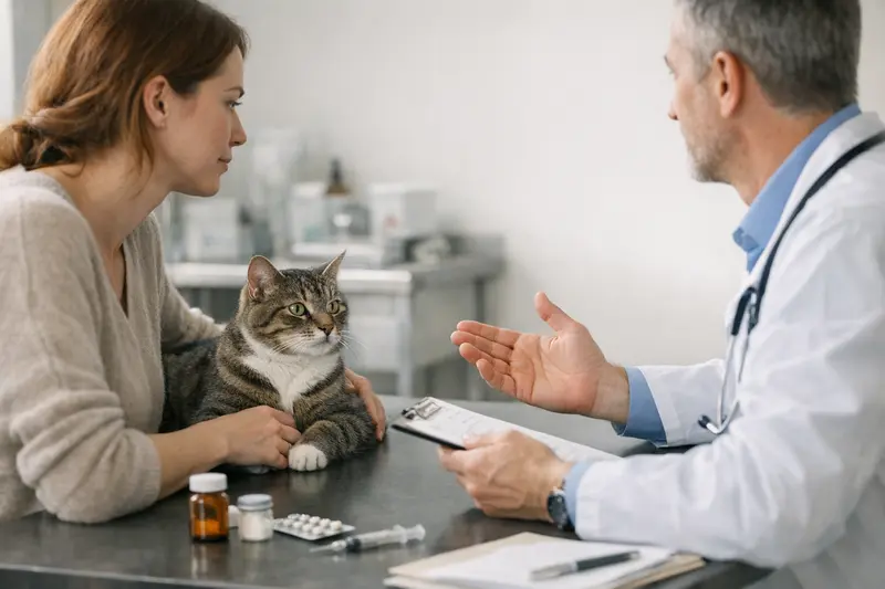 Tierarztbesuch Katze Versicherung Eine Katze beim Tierarzt, die für eine Versicherung untersucht wird.