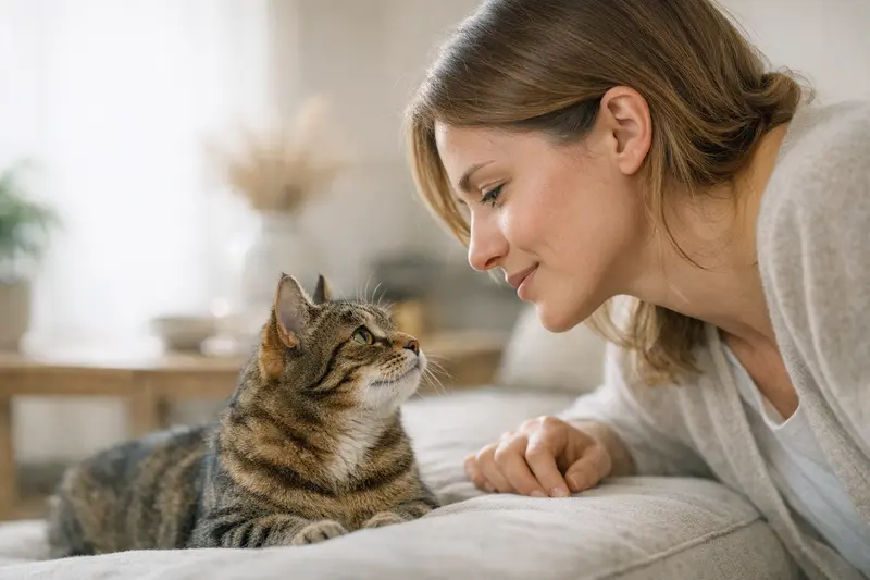 Eine Katze wird mit einem kurzen Namen gerufen, was in Stresssituationen hilfreich ist.