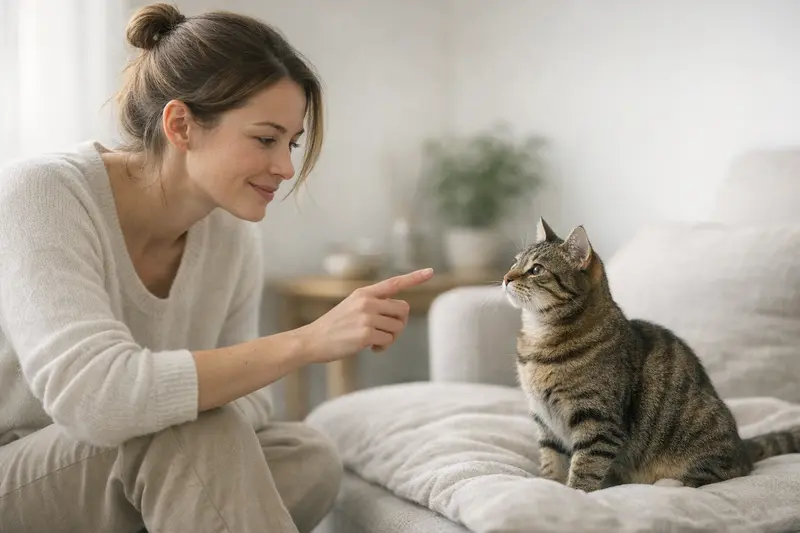 Katzen lernen ihren Namen schnell Eine ruhige Katze hört aufmerksam auf ihren Namen, während sie von ihrem Besitzer angesprochen wird.