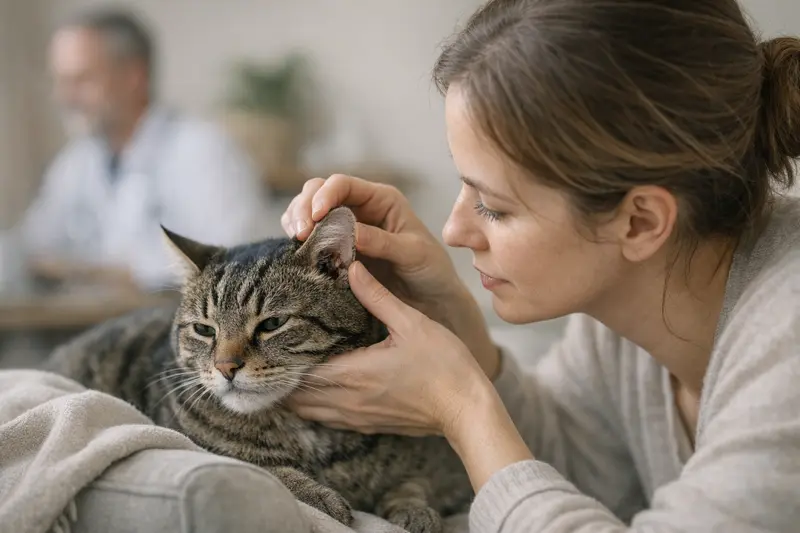 Ohruntersuchung bei einer Katze Eine Katze mit einem Tierarzt, der das Ohr der Katze untersucht.