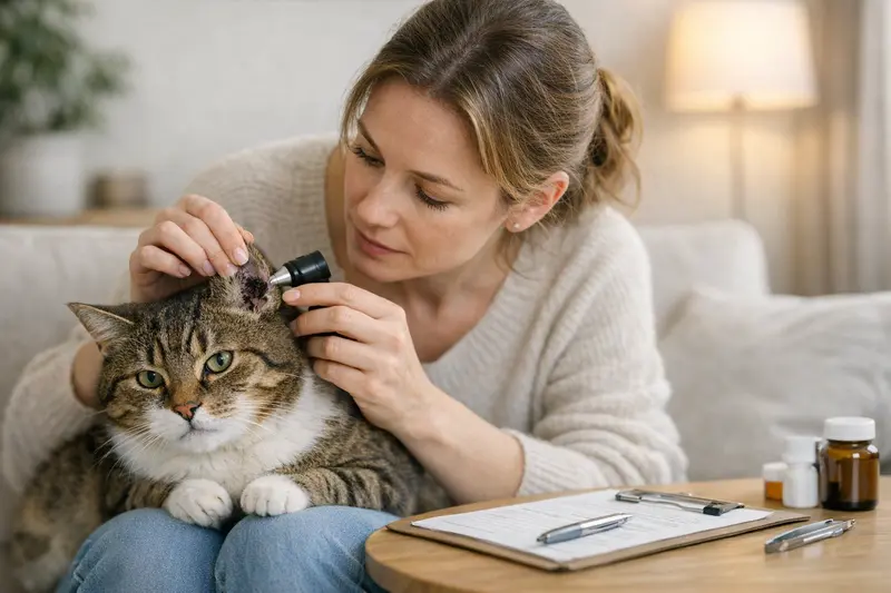 Tierarztbesuch bei Ohrproblemen von Katzen Katzendoktor untersucht eine Katze mit Ohrproblemen beim Tierarzt.