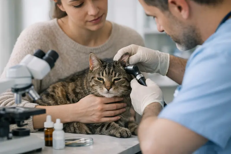 Tierarztkosten bei Katzenohrproblemen Tierarzt untersucht eine Katze mit Ohrproblemen für eine Katzenkrankenversicherung.