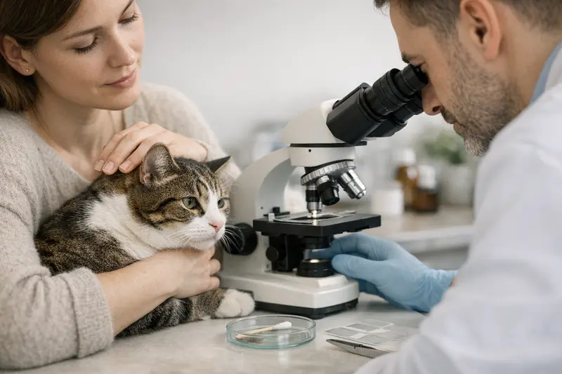 Diagnostik in der Katzenkrankenversicherung Katzenbesitzer beim Tierarzt, während eine Diagnostik durchgeführt wird mit Fokus auf Abstrich und Mikroskopie.