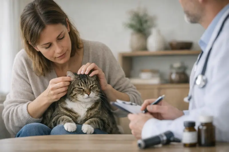 Ohrentzündungen bei Katzen Katze mit Ohrentzündung beim Tierarzt zur Untersuchung.