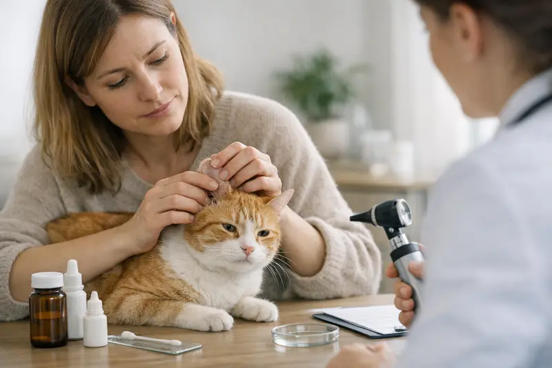 Katzen Ohrprobleme und tierärztliche Untersuchung Tierarzt untersucht eine Katze mit Ohrproblemen bei einem Kontrolltermin