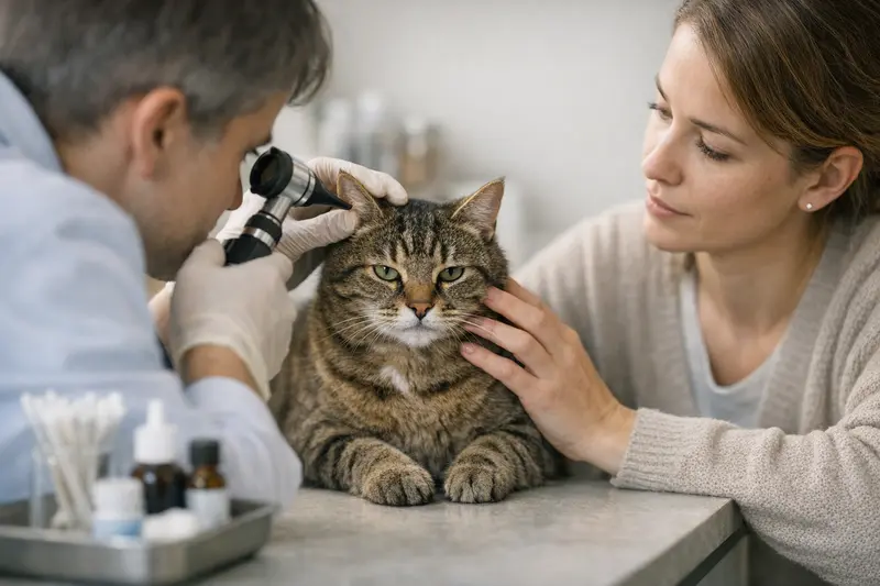 Tierarzt untersucht Ohrentzündung bei einer Katze