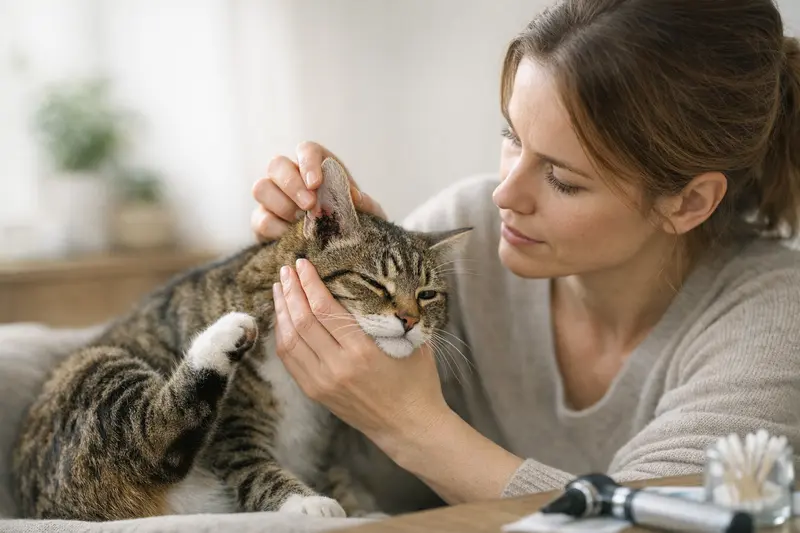Ohrentzündung bei Katzen erkennen Katzengesicht mit einem Anzeichen von Ohrentzündung, erkennbar durch Rötung und Kopfschütteln.