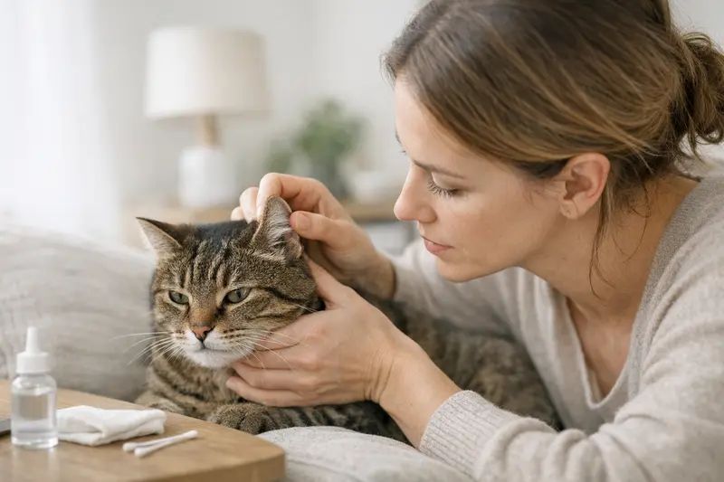 Katzenohr Reinigung zu Hause Eine Katze erhält sanfte Pflege im Ohrbereich, um eine Verschmutzung zu verhindern und die Gesundheit des Tieres zu sichern.