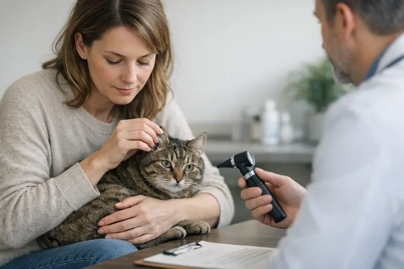 Katze beim Tierarzt zur Untersuchung einer Ohrentzündung