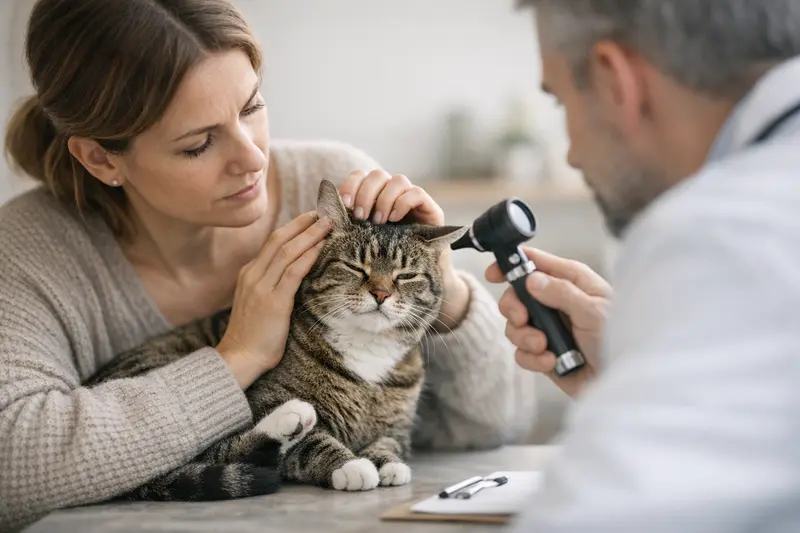 Katze beim Tierarzt wegen Ohrproblemen Eine Katze mit Ohrproblemen wird von einem Tierarzt untersucht.
