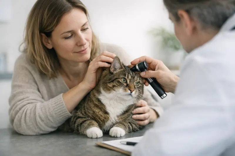 Eine Katze wird von einem Tierarzt auf eine mögliche Ohrentzündung untersucht.