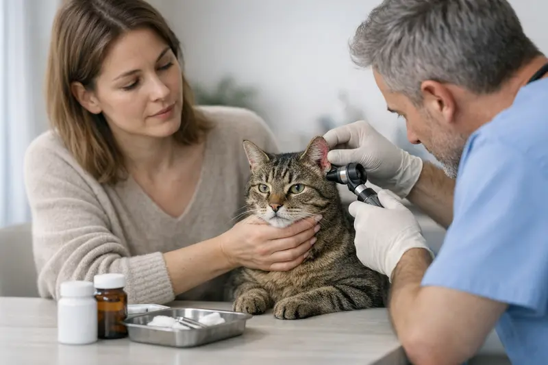 Katzengesundheit und Ohrprobleme beim Tierarzt Eine Katze, die beim Tierarzt untersucht wird und dabei auf Ohrprobleme reagiert.