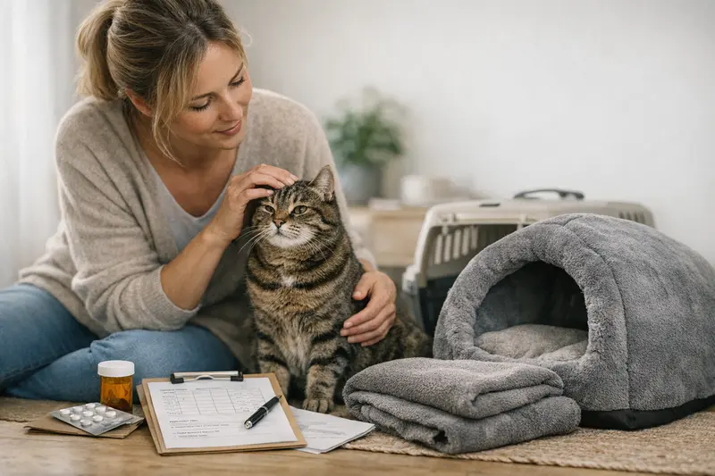 Katzenpension: Wichtige Informationen für den Aufenthalt Eine Katze entspannt in ihrer gewohnten Decke während der Eingewöhnung in einer Pension.