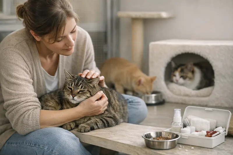 Gesundheitsrisiken in Katzenpensionen Katzen in einer Pension zeigen stressbedingte Beschwerden und Hygienevorkehrungen.