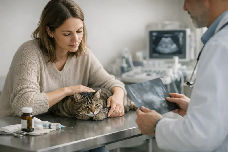 Eine gut gelaunte Katze beim Besuch beim Tierarzt, um mehr über wichtige Versicherungsleistungen zu erfahren.