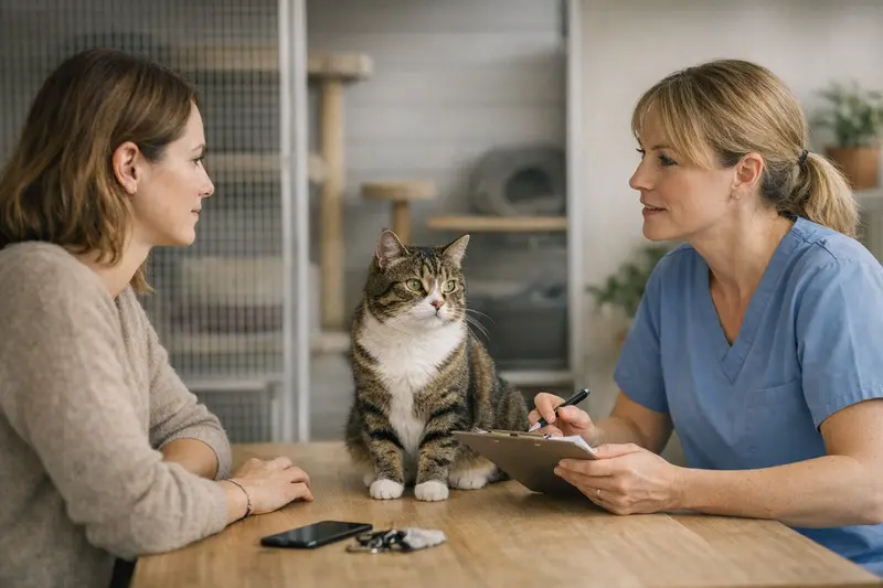Tierarztbesuch einer Katze während des Aufenthalts in einer Katzenpension.