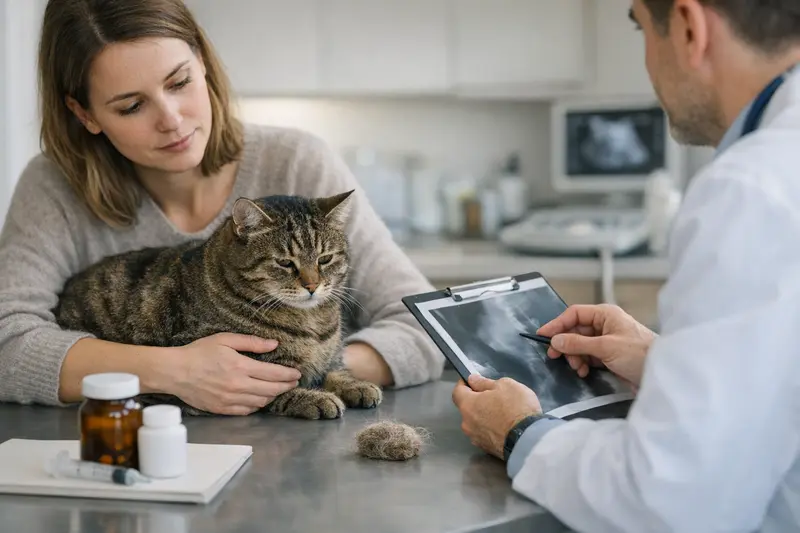 Tierarztkosten durch Haarballen bei Katzen Eine Katze mit Verdauungsproblemen erhält tierärztliche Untersuchung.