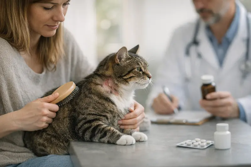 Tierarztuntersuchung einer Katze bei Hautproblemen Eine Katze, die vom Tierarzt untersucht wird, um Haut- und Fellprobleme zu beurteilen.