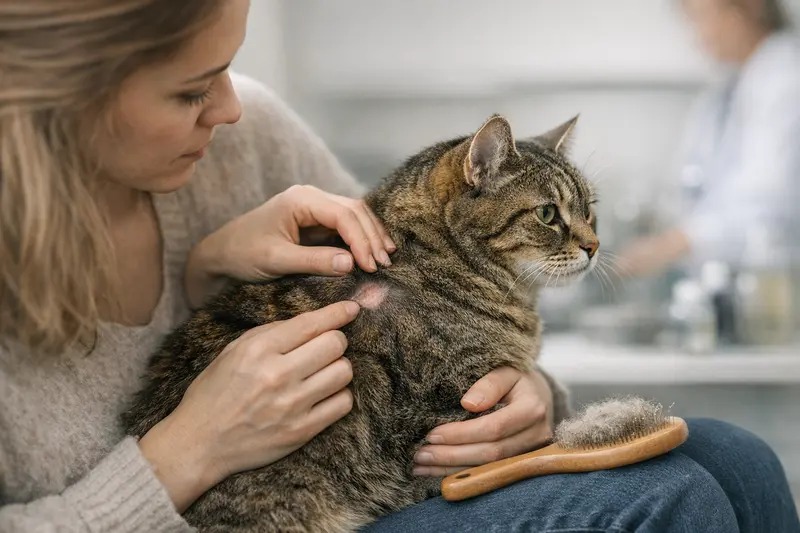 Katzenfellwechsel – normaler Haarausfall Eine Katze während des Fellwechsels zeigt normalen Haarausfall ohne kahle Stellen.
