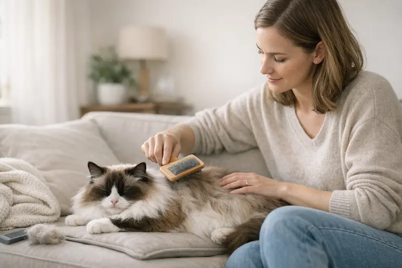 Eine langhaarige Katze wird sanft gebürstet, um Verfilzungen zu vermeiden und das Fell gesund zu halten.