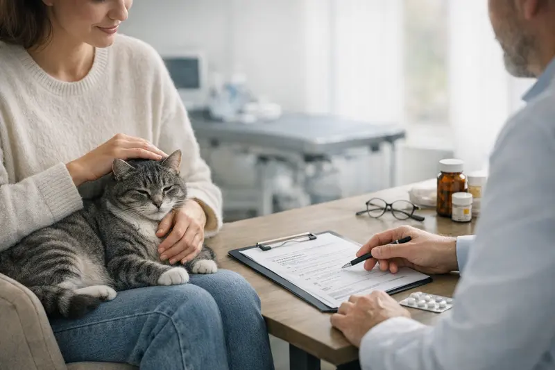 Eine Katze sitzt entspannt beim Tierarzt und wartet auf die Untersuchung.