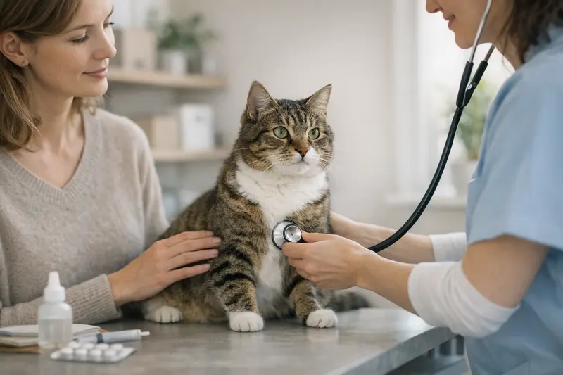 Tierarzt überprüft die Gesundheit einer Katze während eines Vorsorge-Check-ups.