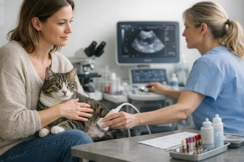 Eine Katze während einer tierärztlichen Untersuchung, um festzustellen, ob eine Diagnostik notwendig ist.