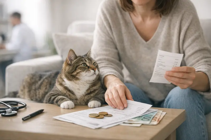 Selbstbeteiligung bei Katzenversicherungen Katzenhalter betrachtet eine Rechnung für Tierarztkosten mit Selbstbeteiligung.