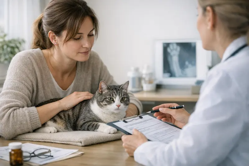 Katzengesundheit und Versicherungsschutz Eine gesunde Katze untersucht vom Tierarzt, um mögliche Vorerkrankungen zu erkennen und den Versicherungsschutz zu besprechen.
