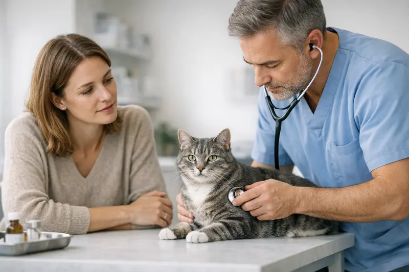 Ambulante Behandlungen bei Katzenkrankenversicherung Katzenbesitzerin bespricht mit Tierarzt ambulante Behandlungsmöglichkeiten für ihre Katze.