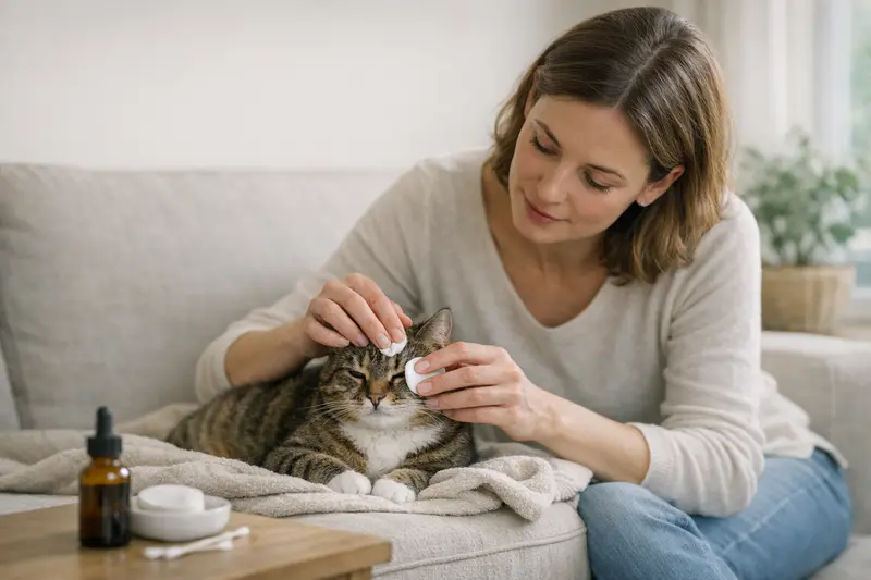 Wann reicht Katzenpflege zu Hause aus? Katzenbesitzer bietet sanfte Pflege seiner Katze zu Hause an, um Erkrankungen vorzubeugen.