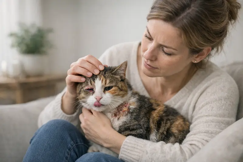 Warnzeichen für Tierarztbesuch bei Katzen Eine Katze mit Anzeichen von Krankheit, die auf einen Tierarztbesuch hinweisen.