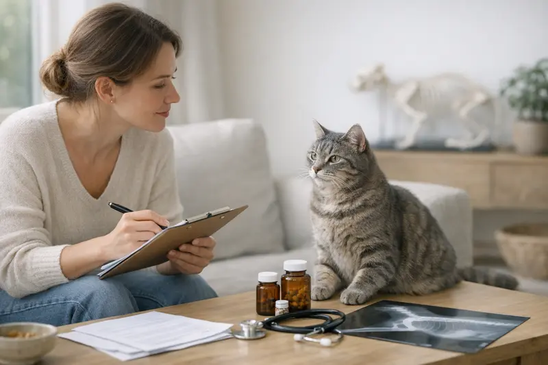 Katzenversicherung Tarifvergleich Eine Katze beim Tierarzt zur Untersuchung mit einem Tierarzt und medizinischen Geräten.