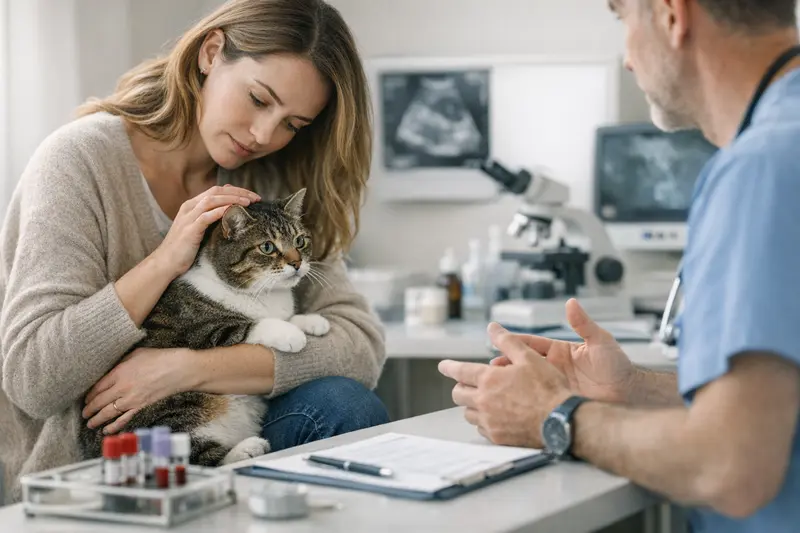 Tierarztbesuch Katze Tierärztin untersucht eine Katze auf mögliche gesundheitliche Probleme.