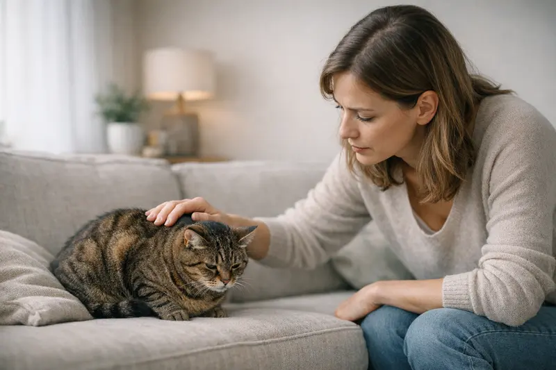 Eine Katze zeigt Anzeichen von Schmerzen durch geduckte Haltung und Rückzug.