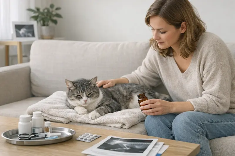 Tarifvergleich Katzenkrankenversicherung Katzenhalter vergleicht Tarife für eine Katzenkrankenversicherung am Laptop.
