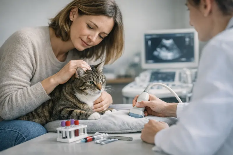 Blutuntersuchung Katze Tierarzt Tierarzt führt Blutuntersuchung bei einer Katze durch.