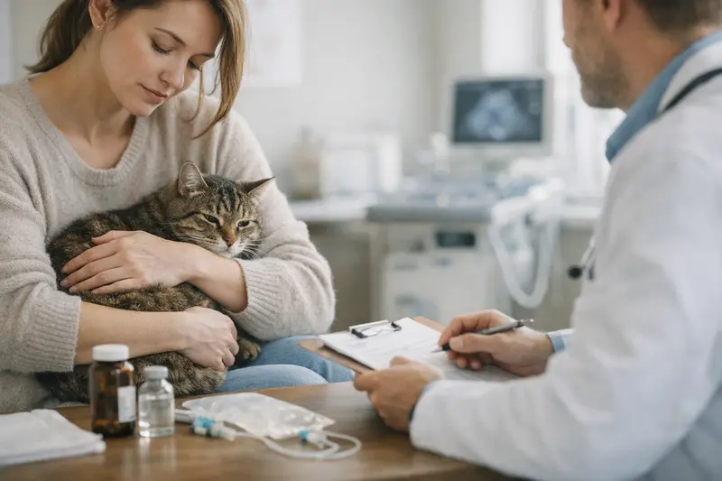 Tierarztkosten bei Katzen mit Durchfall Tierarztuntersuchung bei einer Katze mit Symptomen von Durchfall oder Erbrechen.