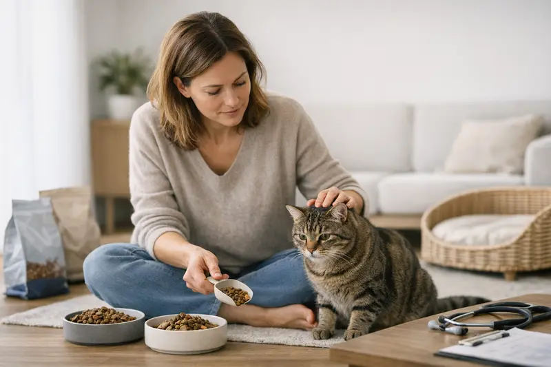 Futterumstellung bei Katzen Eine Katze, die Schritt für Schritt an neues Futter gewöhnt wird, um eine gesunde Futterumstellung zu gewährleisten.
