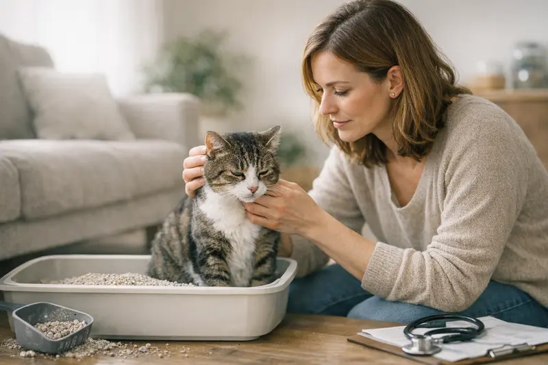 Katzenstreu und Gesundheit Eine Katze sitzt neben ihrem Katzenstreu und zeigt Interesse an der Umgebung.
