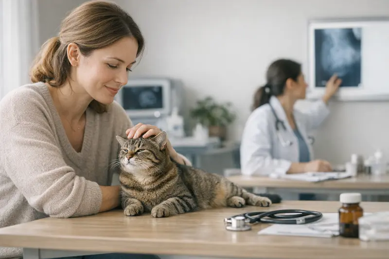 Gesunde Katze und Absicherung Eine gesunde Katze entspannt auf einem Sofa, während ihre Besitzerin über Tierarztkosten und Absicherung nachdenkt.