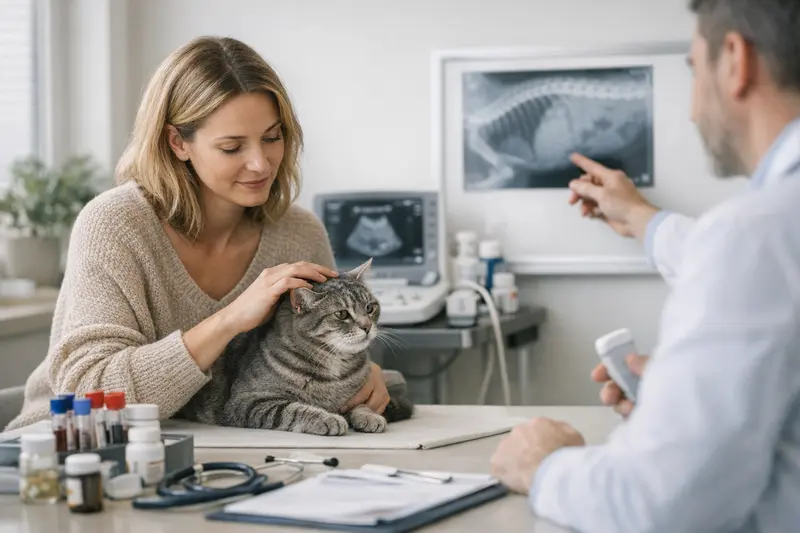 Wichtige Leistungen in der Katzenversicherung Tierarzt untersucht eine Katze zur Gesundheitsabsicherung.