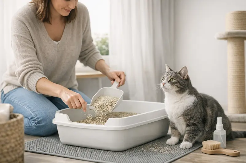 Staubarme Katzenstreu für empfindliche Katzen Eine staubarme Katzenstreu in einer sauberen Katzentoilette sorgt für die Gesundheit empfindlicher Katzen.