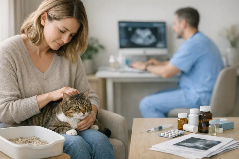 Unsaubere Katze und Tierarztkosten Eine Katze sitzt besorgt auf dem Boden und zeigt Anzeichen von Unsauberkeit, was auf mögliche gesundheitliche Probleme hinweisen kann.