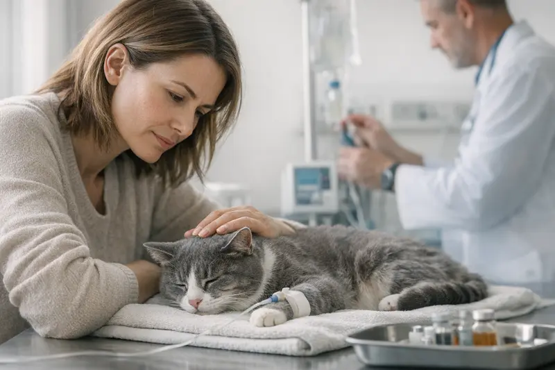 Tierarztuntersuchung bei Katzenvergiftung Eine Katze wird in einer Tierarztpraxis auf eine mögliche Vergiftung untersucht.