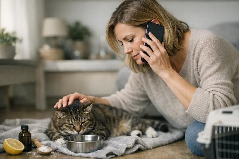 Katze zeigt Anzeichen von Erbrechen und Sorge des Besitzers.