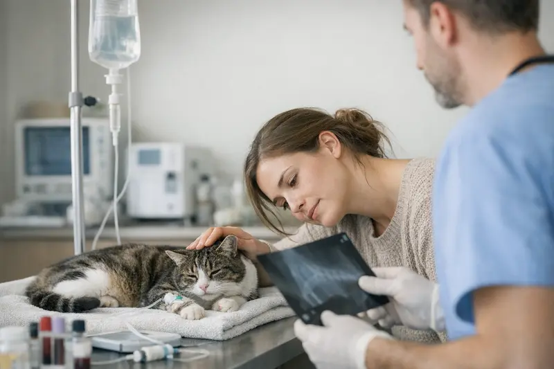 Eine besorgte Katzenhalterin in der Tierarztpraxis während einer Notfallsituation mit ihrer vergifteten Katze.
